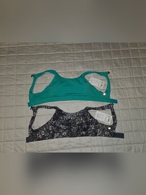 Athleta Ultimate Ease Sports Bras in Green and Gray Multi-colored